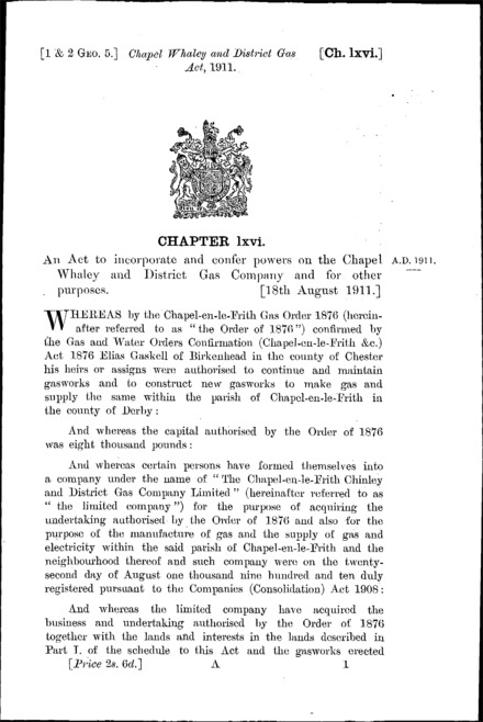 Chapel Whaley and District Gas Act 1911