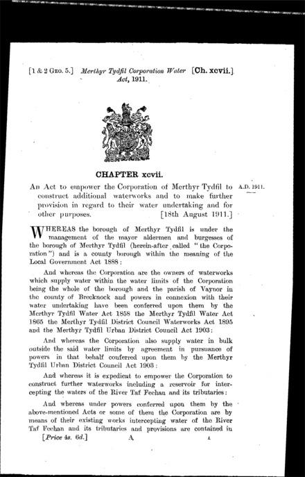 Merthyr Tydfil Corporation Water Act 1911