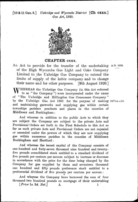 Uxbridge and Wycombe District Gas Act 1920