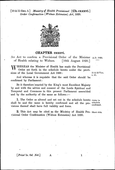 Ministry of Health Provisional Order Confirmation (Widnes Extension) Act 1920