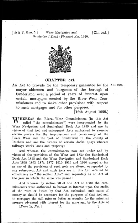 Wear Navigation and Sunderland Dock (Finance) Act 1920