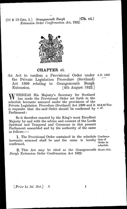 Grangemouth Burgh Extension Order Confirmation Act 1922