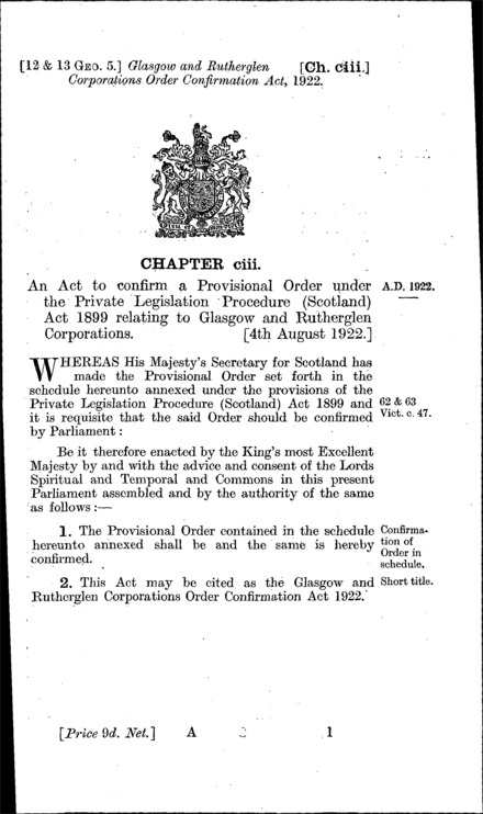 Glasgow and Rutherglen Corporations Order Confirmation Act 1922