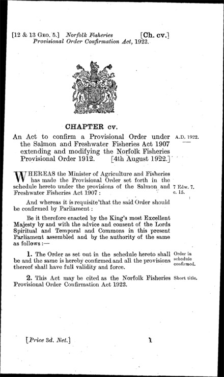Norfolk Fisheries Provisional Order Confirmation Act 1922