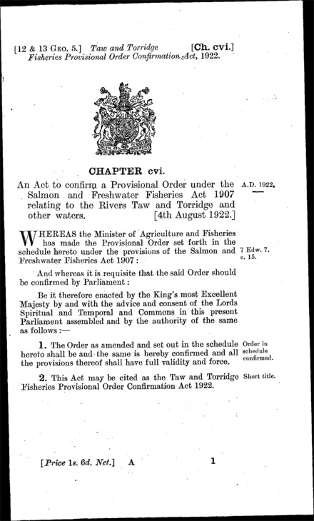 Taw and Torridge Fisheries Provisional Order Confirmation Act 1922