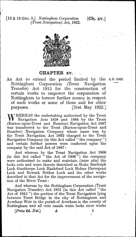Nottingham Corporation (Trent Navigation) Act 1922