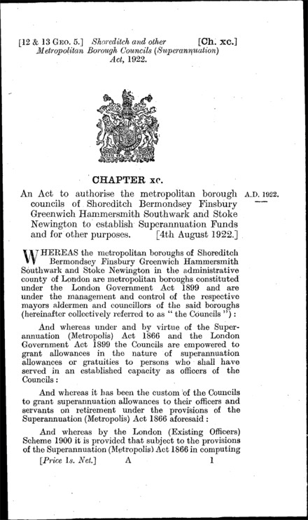 Shoreditch and other Metropolitan Borough Councils (Superannuation) Act 1922