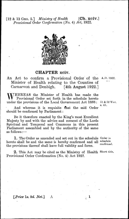 Ministry of Health Provisional Order Confirmation (No. 4) Act 1922