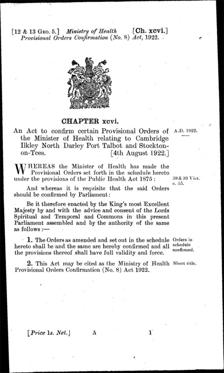 Ministry of Health Provisional Orders Confirmation (No. 8) Act 1922