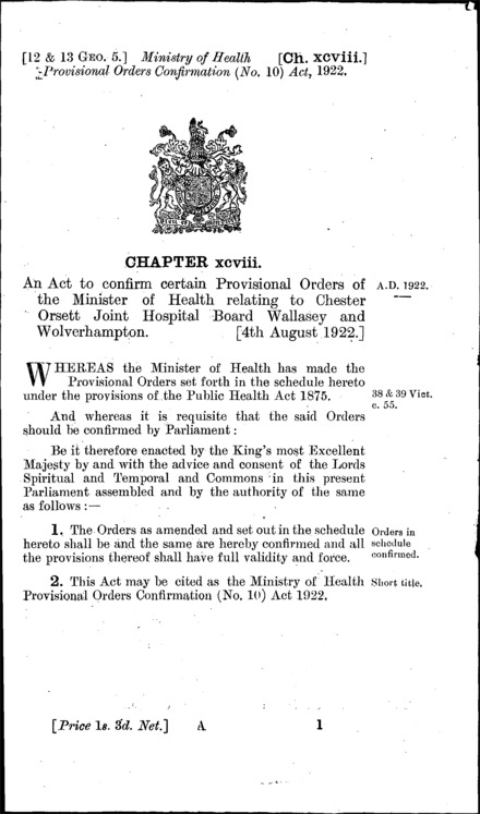 Ministry of Health Provisional Orders Confirmation (No. 10) Act 1922