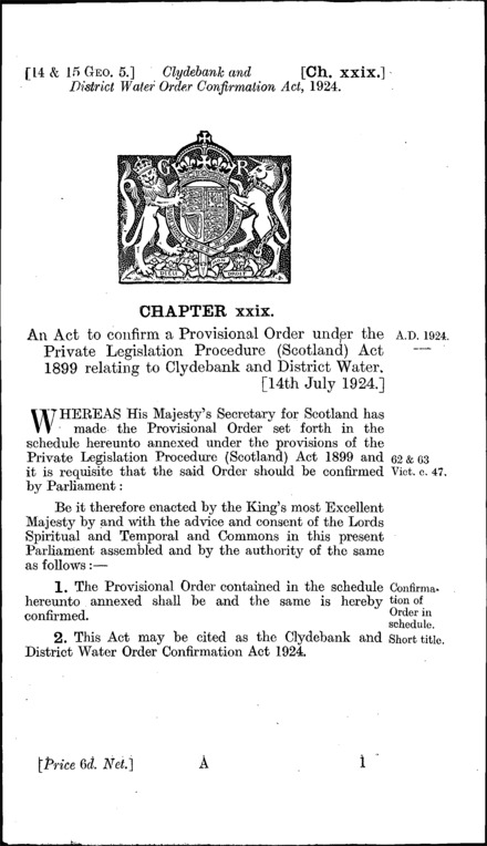 Clydebank and District Water Order Confirmation Act 1924