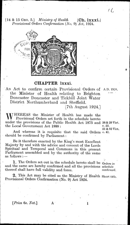 Ministry of Health Provisional Orders Confirmation (No. 9) Act 1924