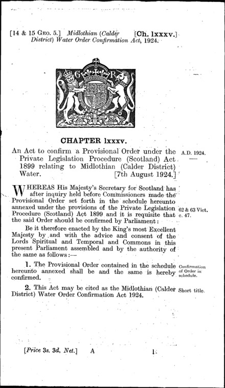 Midlothian (Calder District) Water Order Confirmation Act 1924