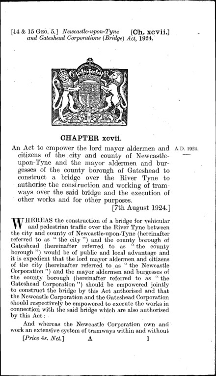 Newcastle-upon-Tyne and Gateshead Corporations (Bridge) Act 1924