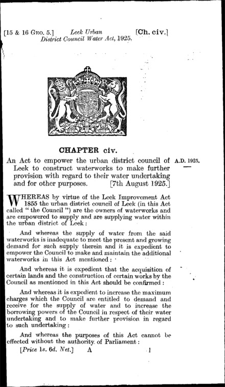 Leek Urban District Council Water Act 1925