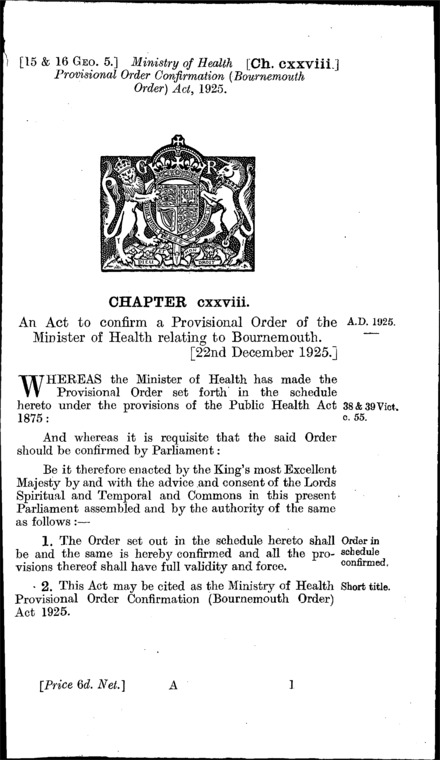 Ministry of Health Provisional Order Confirmation (Bournemouth) Act 1925