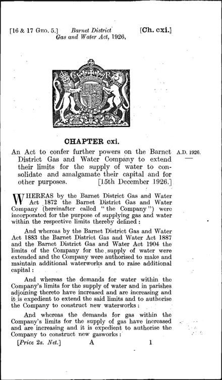 Barnet District Gas and Water Act 1926