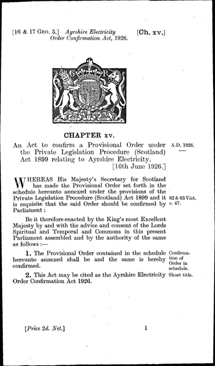 Ayrshire Electricity Order Confirmation Act 1926