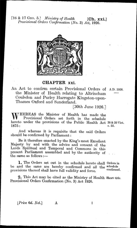 Ministry of Health Provisional Orders Confirmation (No. 3) Act 1926