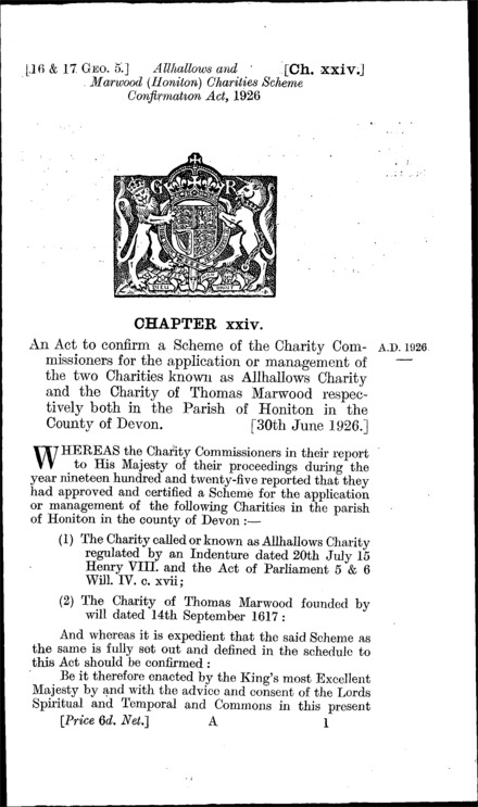 Allhallows and Marwood (Honiton) Charities Scheme Confirmation Act 1926