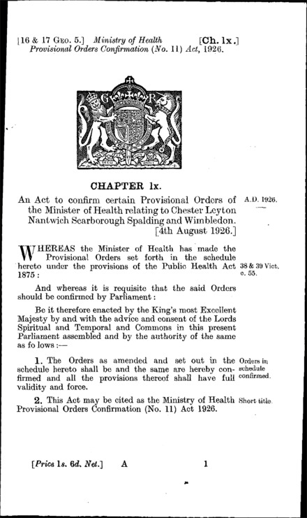 Ministry of Health Provisional Orders Confirmation (No. 11) Act 1926