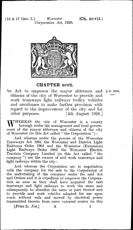 Worcester Corporation Act 1926