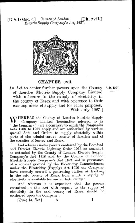 County of London Electric Supply Company Act 1927
