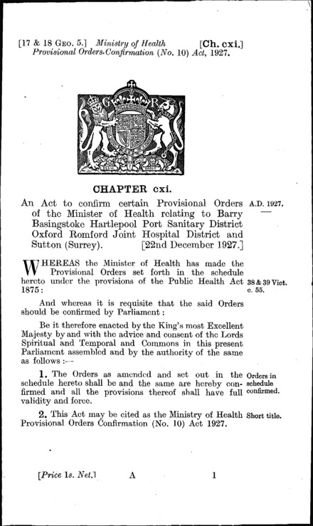 Ministry of Health Provisional Orders Confirmation (No. 10) Act 1927