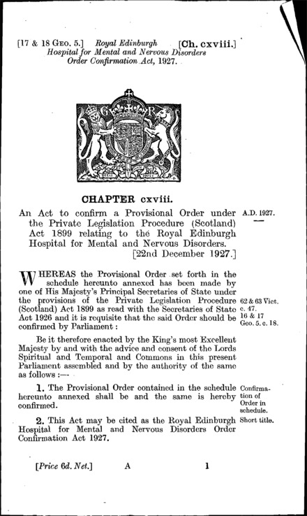 Royal Edinburgh Hospital for Mental and Nervous Disorders Order Confirmation Act 1927