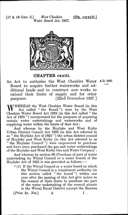West Cheshire Water Board Act 1927