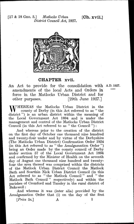 Matlocks Urban District Council Act 1927