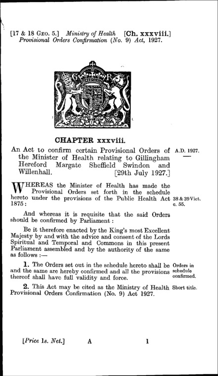 Ministry of Health Provisional Orders Confirmation (No. 9) Act 1927