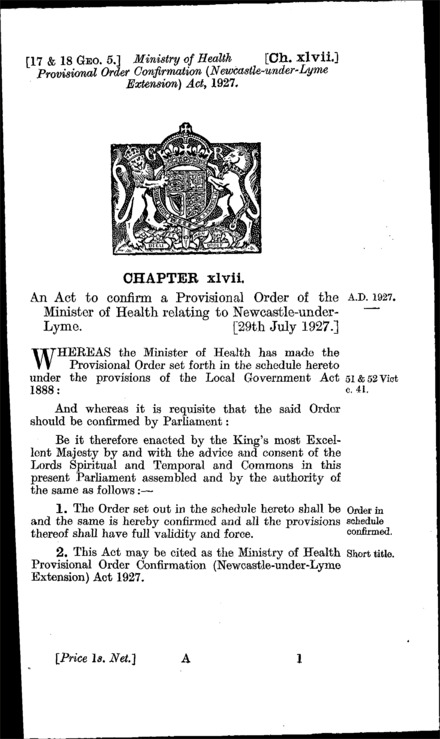 Ministry of Health Provisional Order Confirmation (Newcastle-under-Lyme Extension) Act 1927
