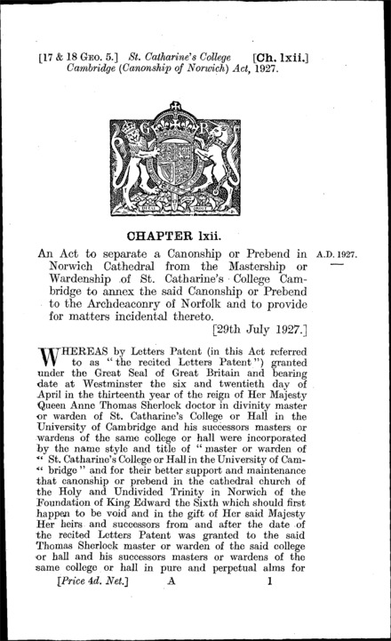 St. Catherine's College Cambridge (Canonship of Norwich) Act 1927