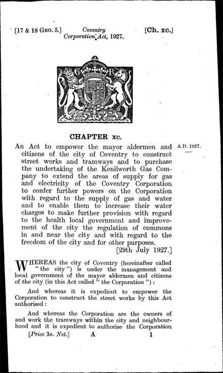 Coventry Corporation Act 1927