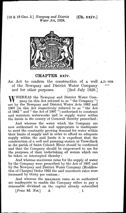 Newquay and District Water Act 1928