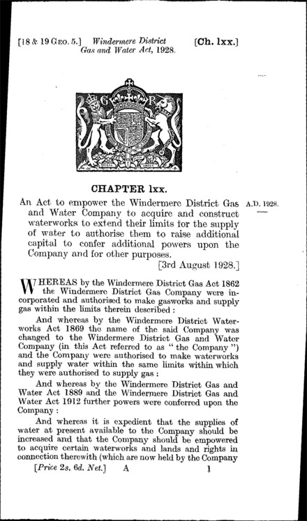 Windermere District Gas and Water Act 1928