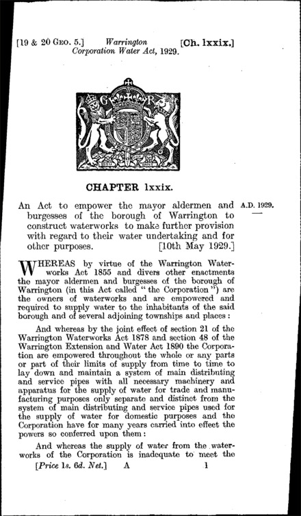 Warrington Corporation Water Act 1929