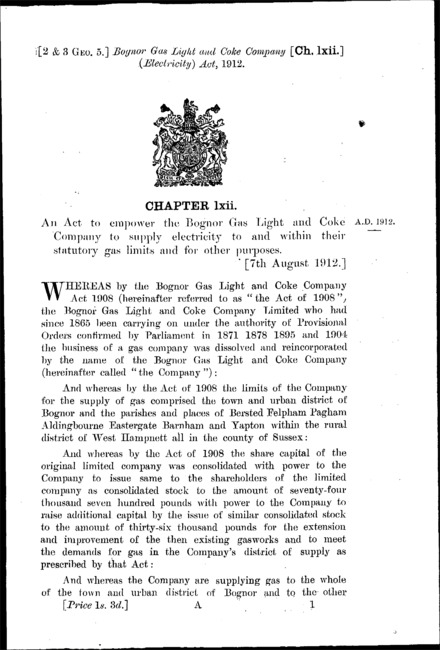 Bognor Gas Light and Coke Company (Electricity) Act 1912