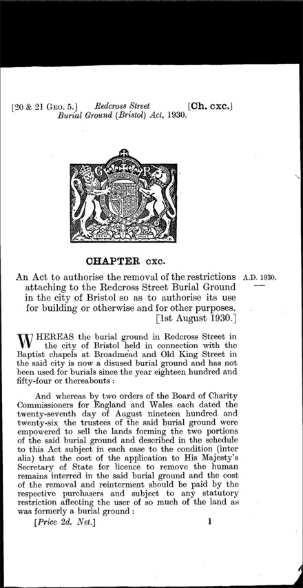 Redcross Street Burial Ground (Bristol) Act 1930