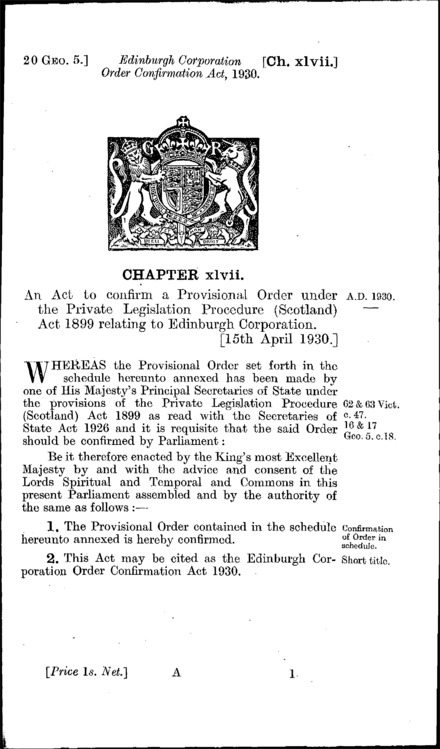 Edinburgh Corporation Order Confirmation Act 1930