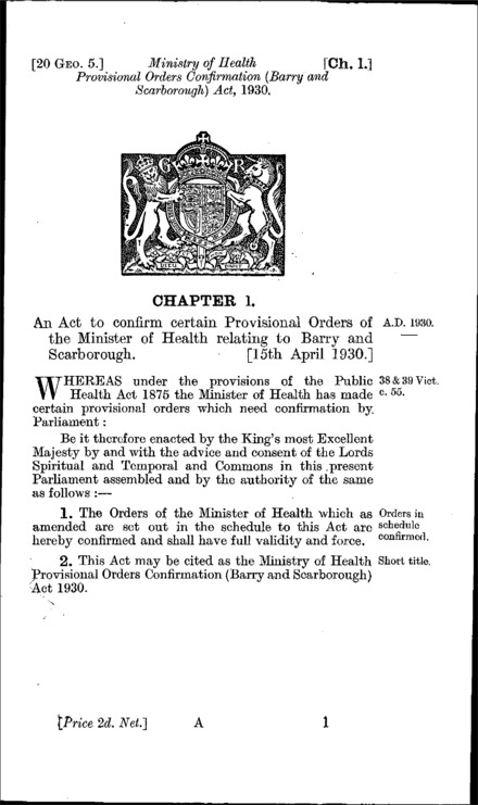 Ministry of Health Provisional Orders Confirmation (Barry and Scarborough) Act 1930