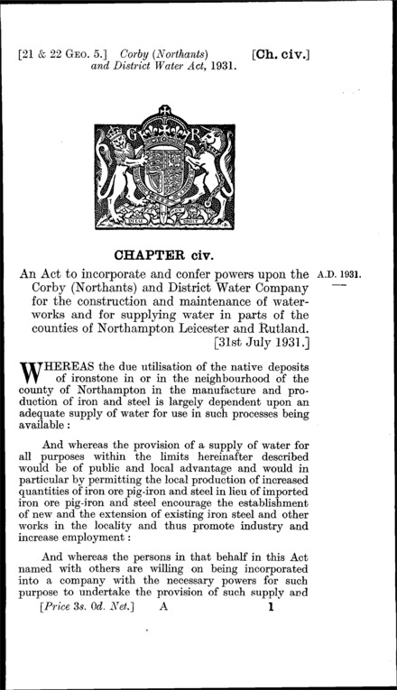 Corby (Northamptonshire) and District Water Act 1931