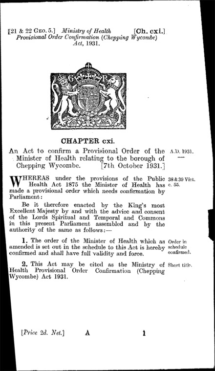 Ministry of Health Provisional Order Confirmation (Chepping Wycombe) Act 1931