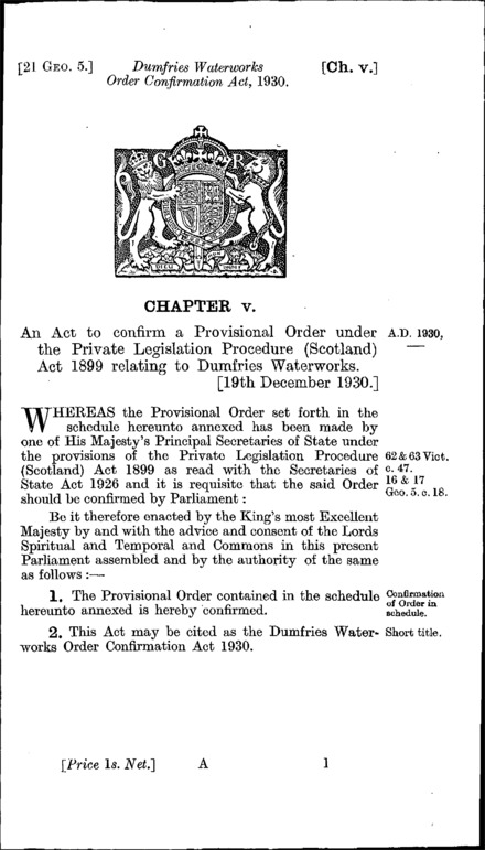 Dumfries Waterworks Order Confirmation Act 1930