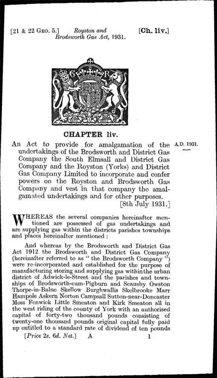Royston (Yorkshire) and Brodsworth Gas Act 1931
