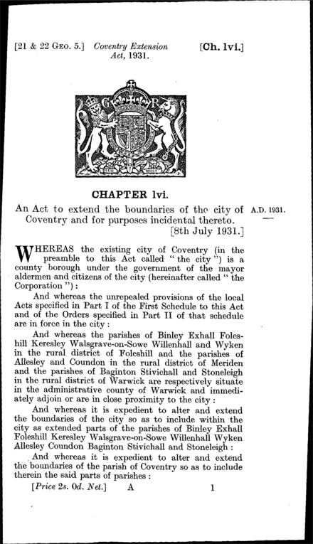 Coventry Extension Act 1931