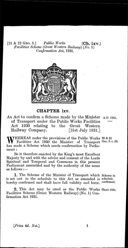 Public Works Facilities Scheme (Great Western Railway) (No. 1) Confirmation Act 1931
