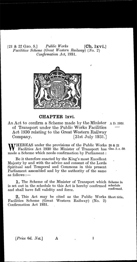Public Works Facilities Scheme (Great Western Railway) (No. 2) Confirmation Act 1931