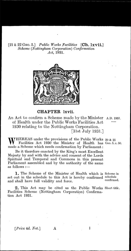 Public Works Facilities Scheme (Nottingham Corporation) Confirmation Act 1931
